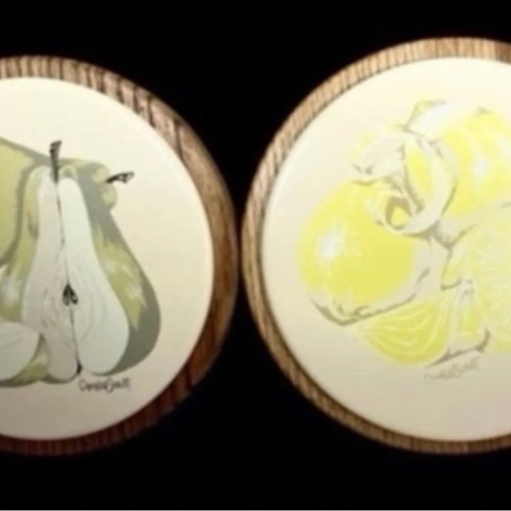 Vintage Hand Painted Oak Wood Trivets Fruit Motif Pear Lemon Set of 2